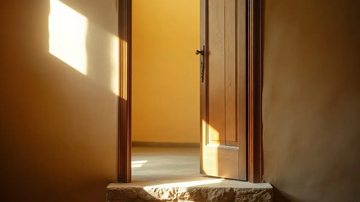 half-open wooden door with warm light behind it and a stone threshold — illustration for How to Set Boundaries With Friends Without Losing Them