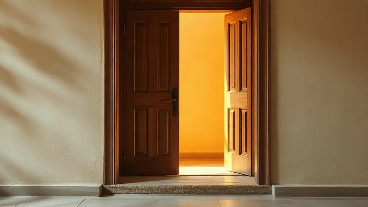 half-open wooden door with warm light behind it and a stone threshold — illustration for Boundary Scripts