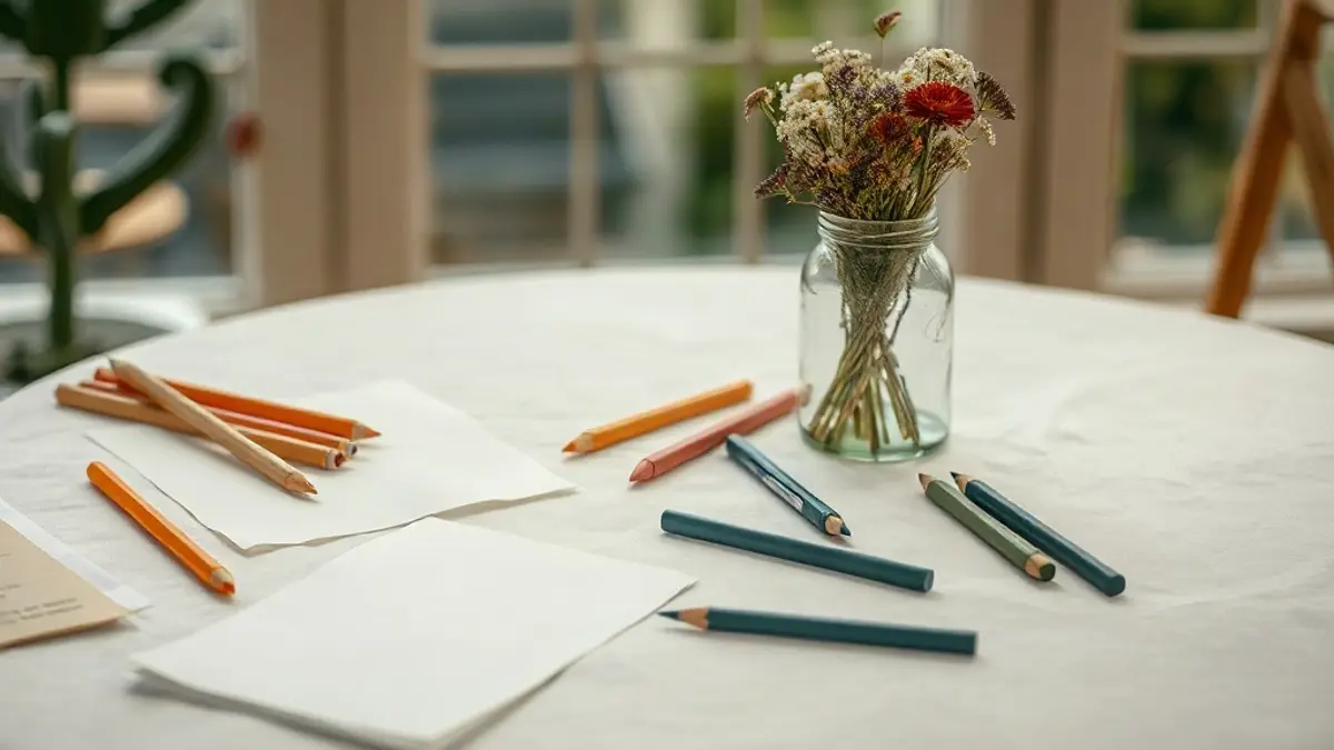 garden table with scattered coloured pencils — illustration for How to Have Fun as an Adult Without Making It a Project