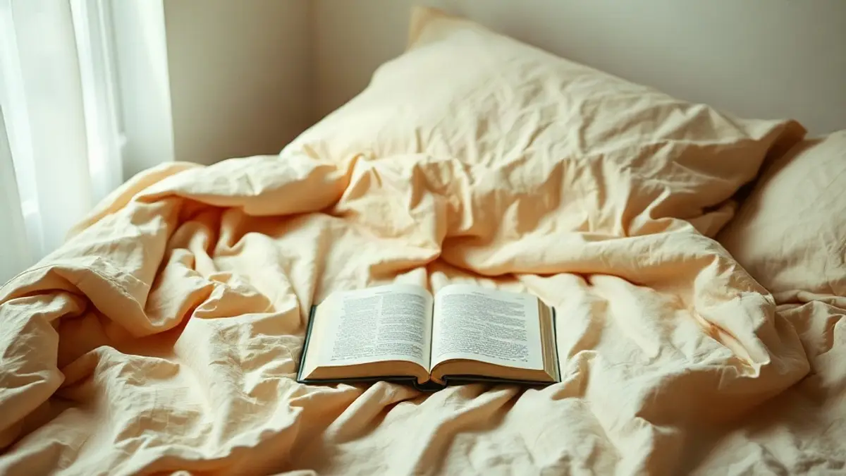 unmade bed in soft daylight with a book face down on the covers — illustration for How to Rest Without Feeling Guilty