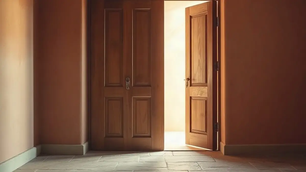 half-open wooden door with warm light behind it and a stone threshold — illustration for How to Set Boundaries Without Guilt