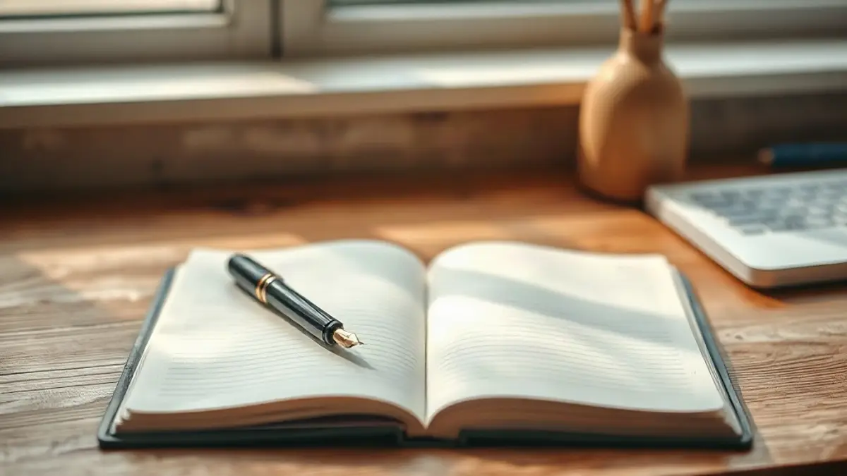 open blank notebook and a fountain pen on a wooden desk — illustration for Inner Child Journal Prompts