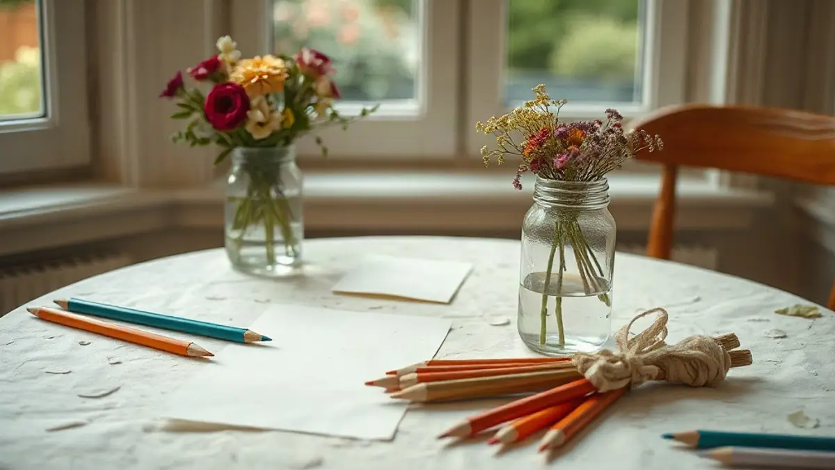 garden table with scattered coloured pencils — illustration for Inner Child Play Activities