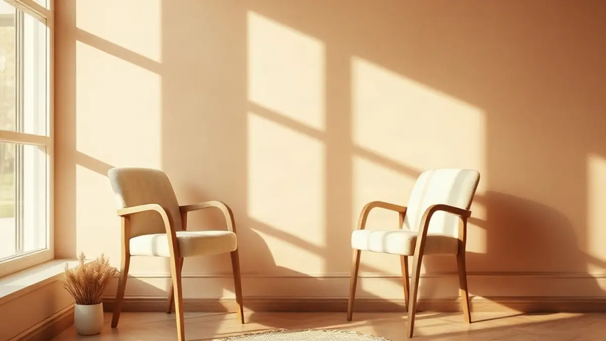 two empty chairs angled towards each other beside a sunlit wall — illustration for Inner Child Work vs Shadow Work