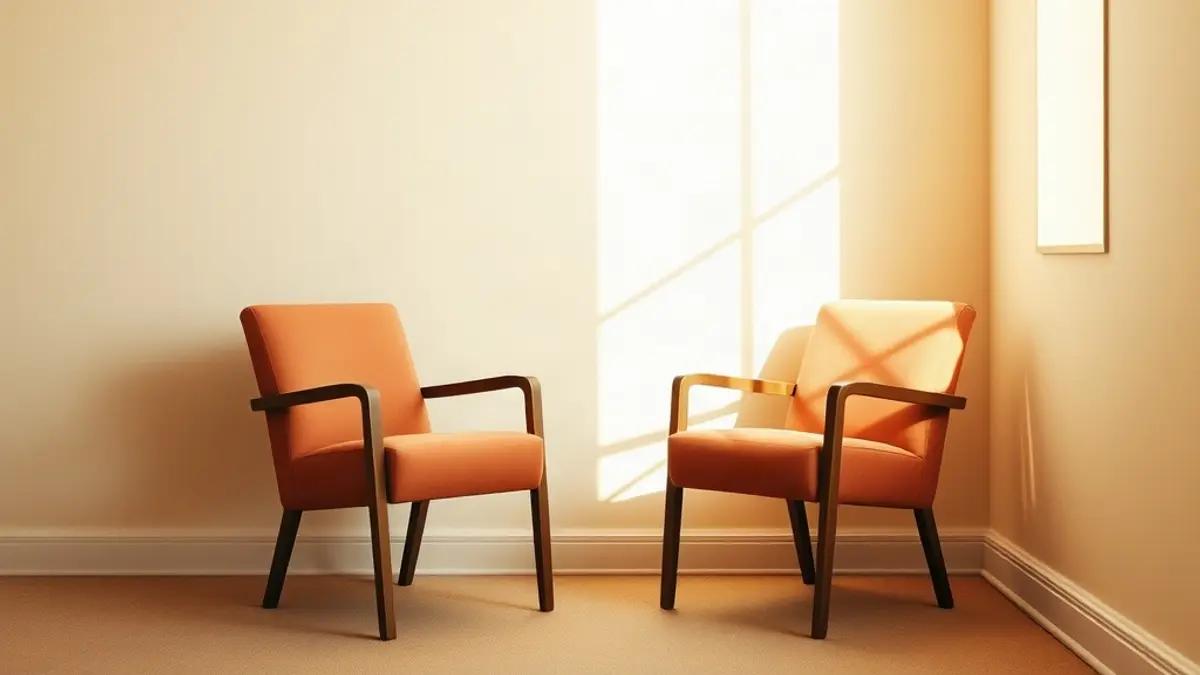 two empty chairs angled towards each other beside a sunlit wall — illustration for Reparenting vs Inner Child Work